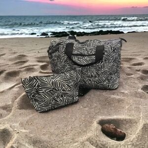 Swimsuits for all 2 piece waterproof black & white leaf print bag set